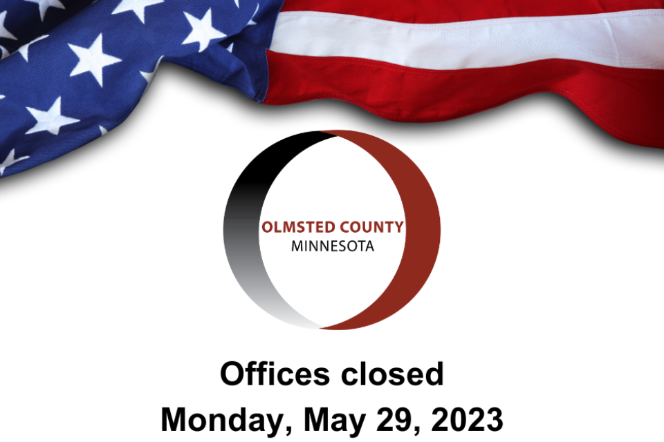 An American flag. Olmsted County offices closed May 29, 2023.