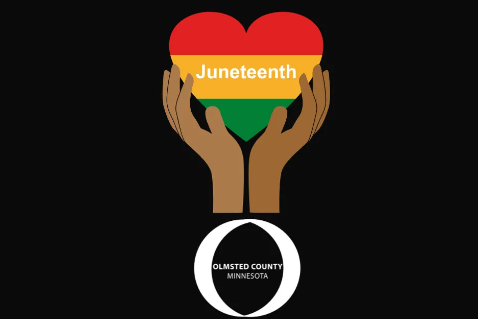 graphic of hands holding a heart that is green, yellow, and red, with the Olmsted County logo underneath