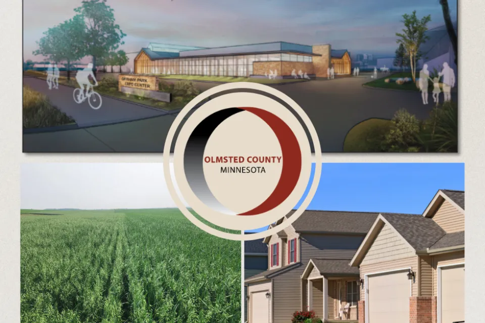 Rendering of GP Exhibition Center, a field, and two houses