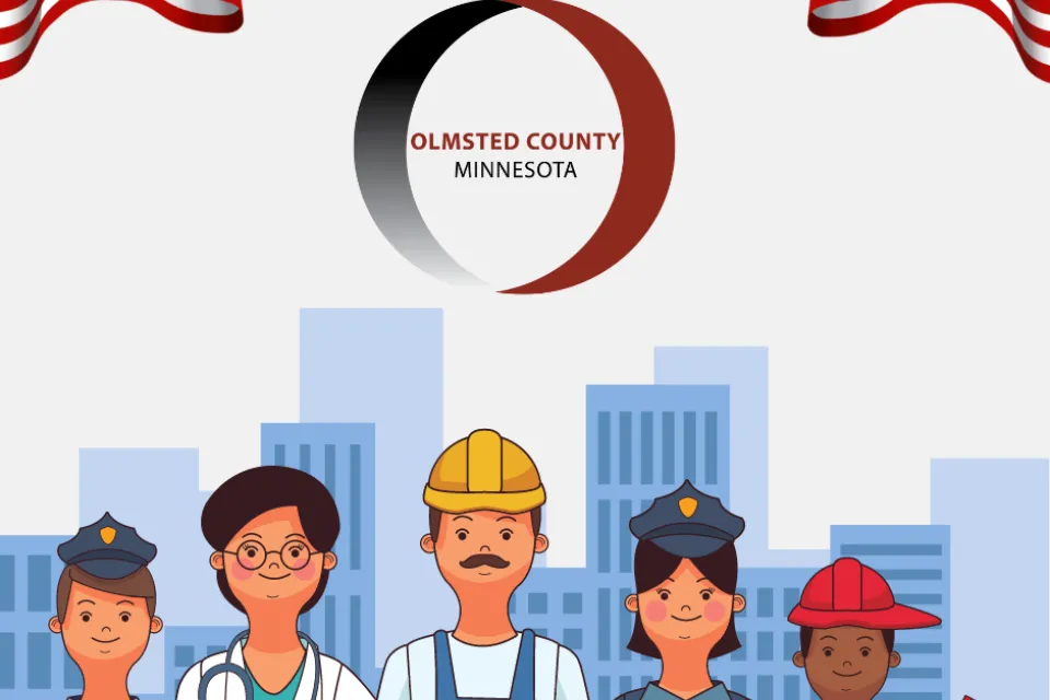 An image of workers, the American flag, and the Olmsted County logo.