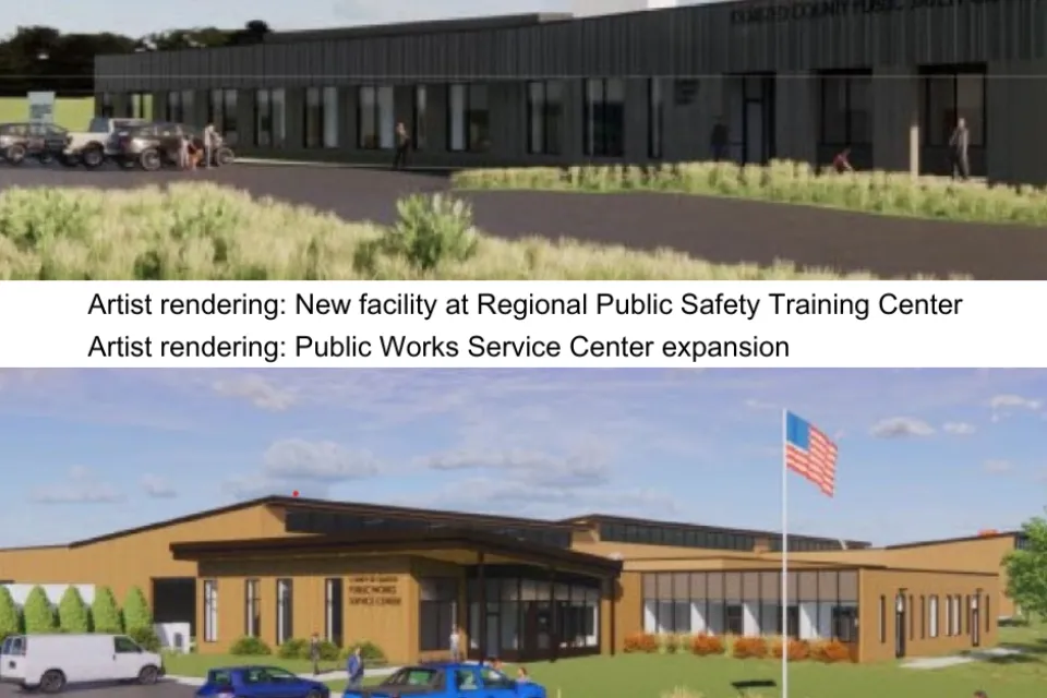 Artist renderings of the new facility at the Regional Public Safety Training Center and the expansion of the Public Works Service Center