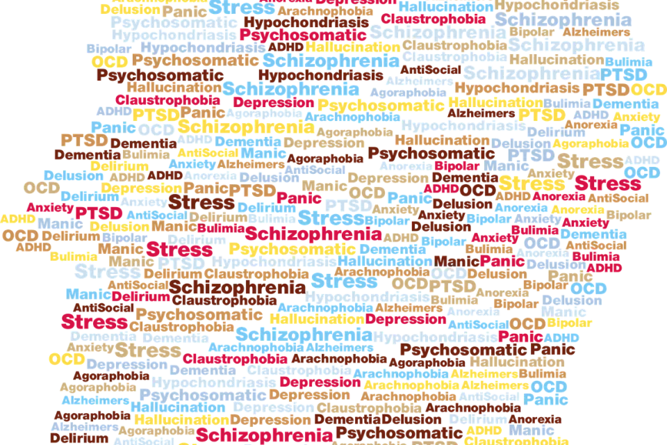 Image of a head with words related to mental health inside