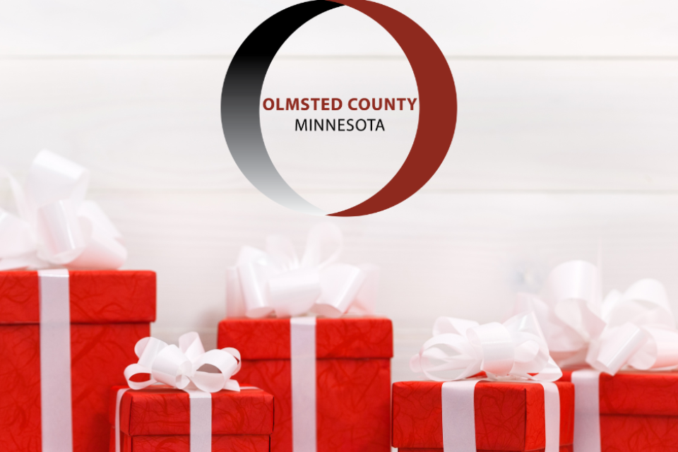 Olmsted County logo. Red boxes, wrapped with white ribbon.
