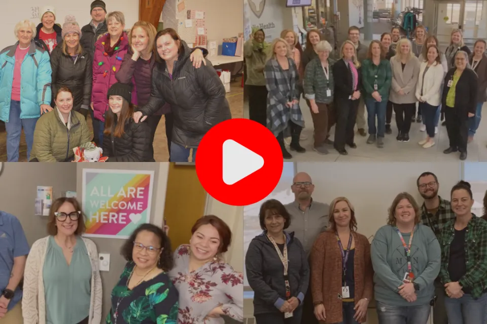 Pictures of Olmsted County Health, Housing and Human Services employees. The YouTube icon in the middle of the picture.