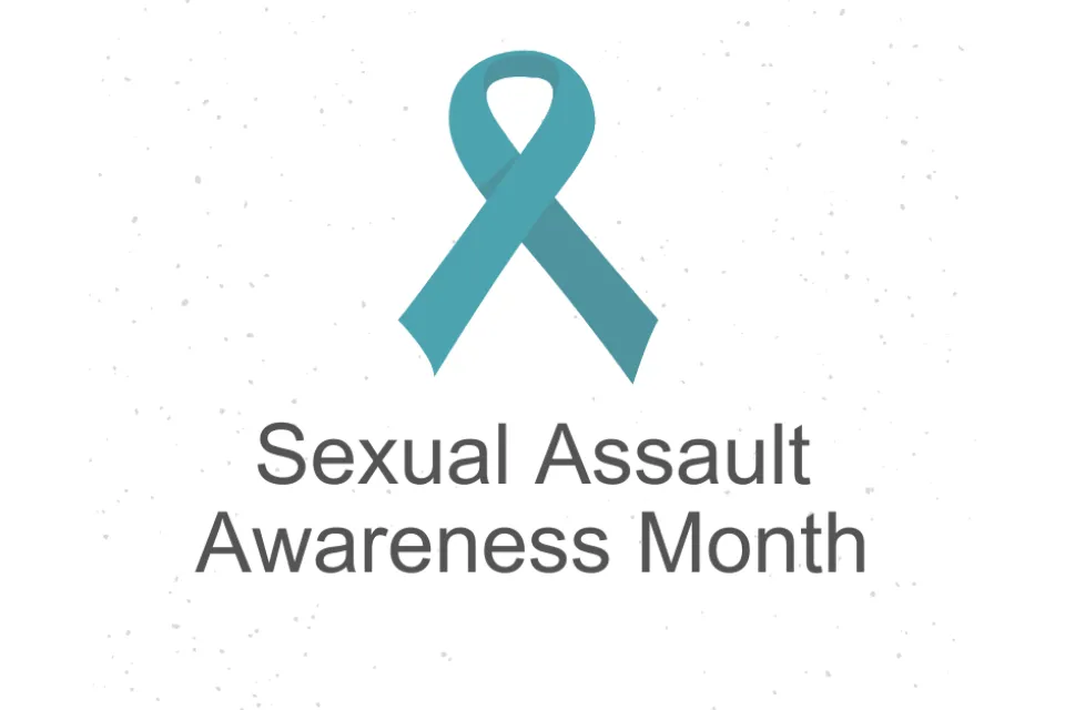 Teal ribbon and the text Sexual Assault Awareness Month