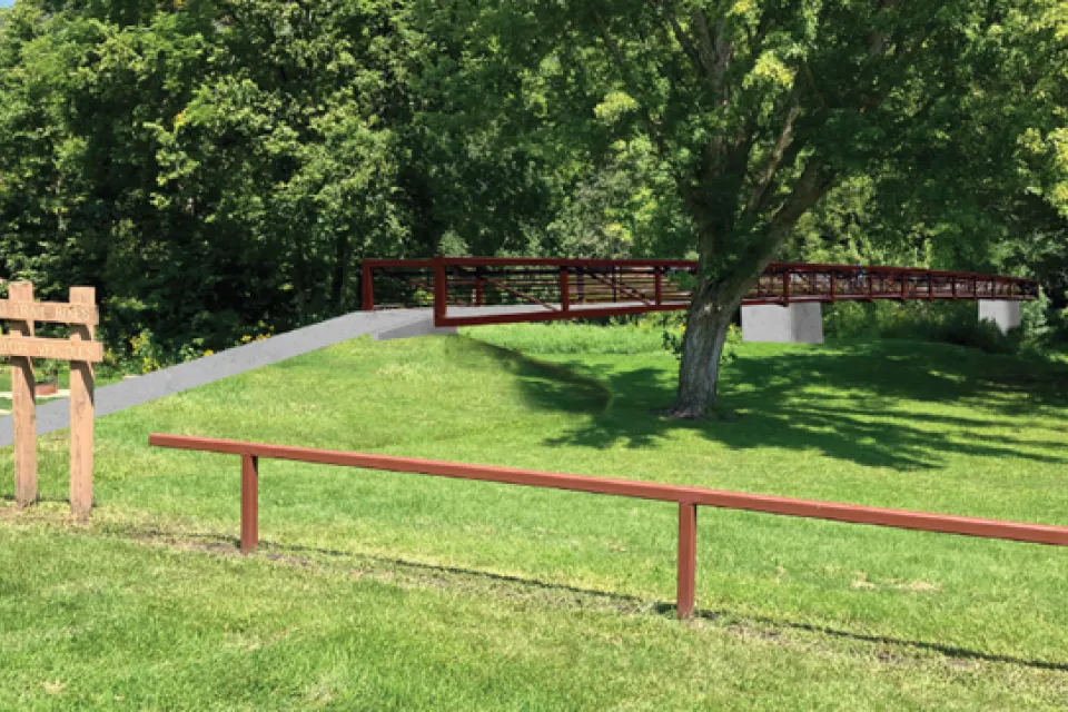 Conceptual illustration of a proposed bridge structure that is ADA compliant and incorporates a modern, flood-resilient design.