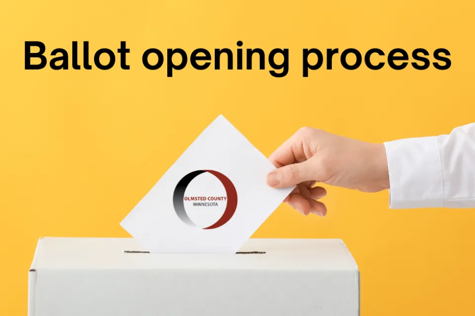 Person's hand putting a ballot in a ballot box with an Olmsted County logo on it with the text above Ballot opening process